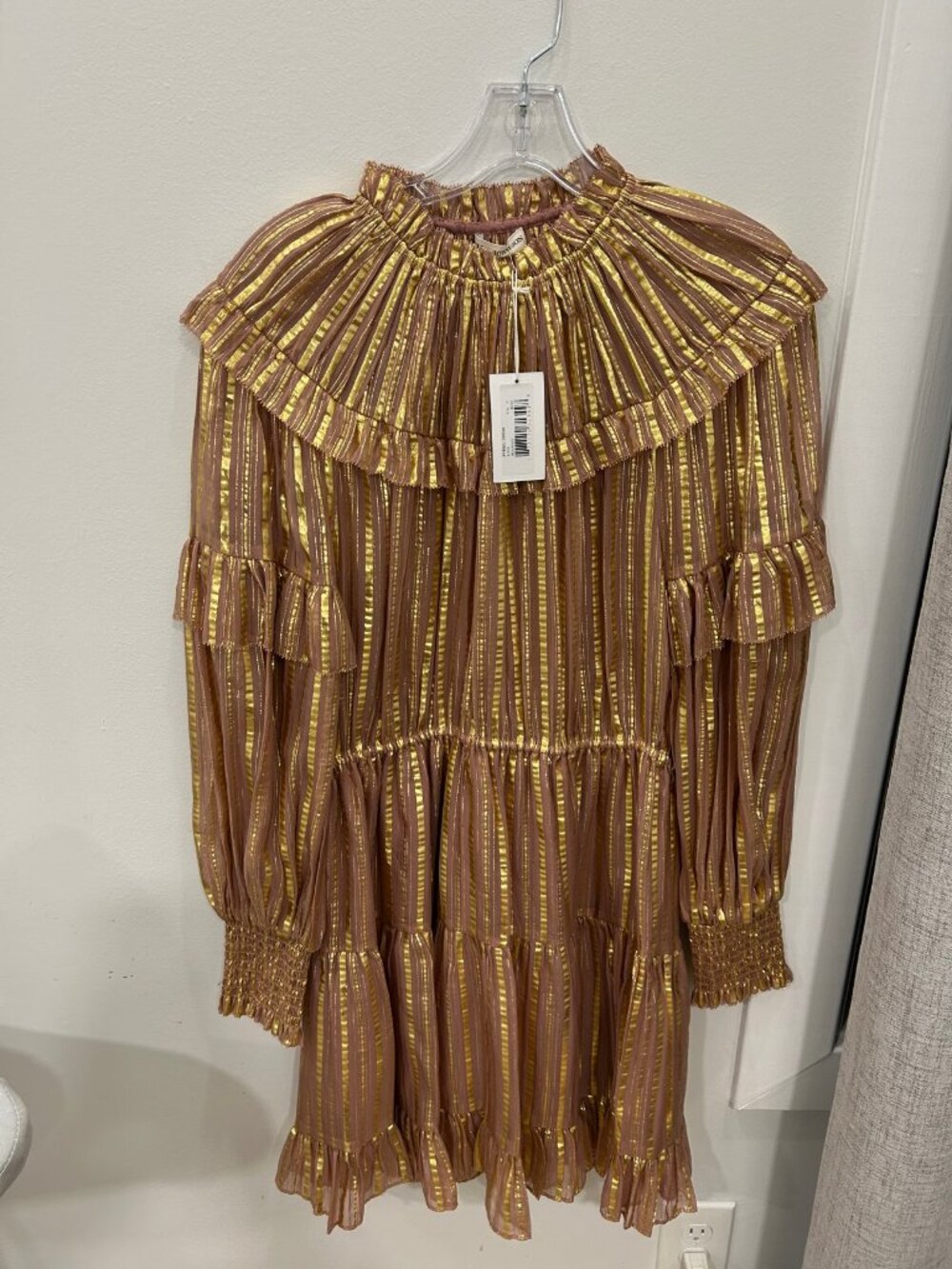 Ulla Johnson Averil Dress Rose Gold Metallic Stripe Ruffle NWT Size 12